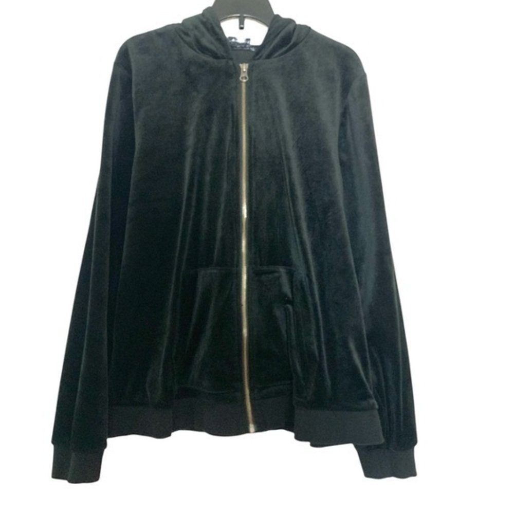 NYDJ Velvet Velour Track Jacket Hoodie Black Lagenlook Casual Medium